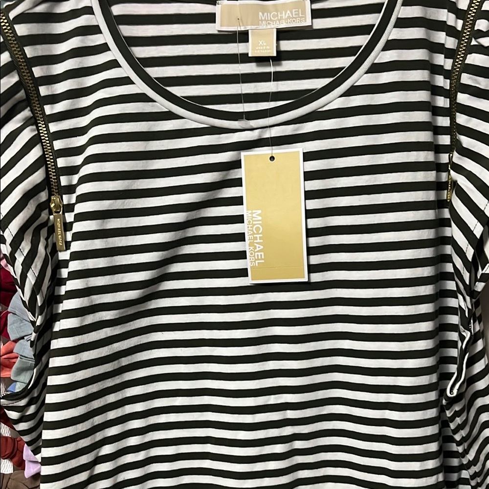 Michael Kors Black and White Striped Women's Midi Dress
